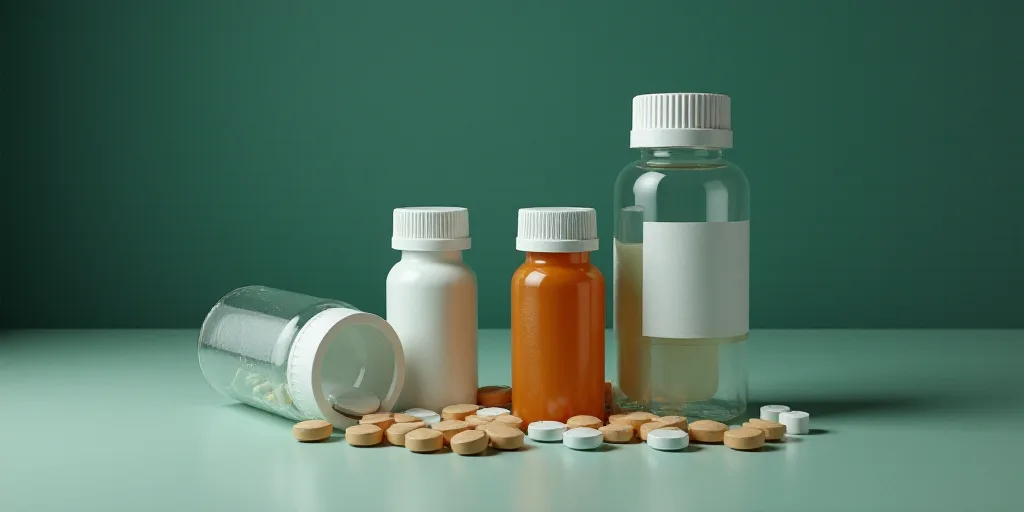 a table with a box of medicine and some bottles of medicine on it and a few pills in front of it, Aq