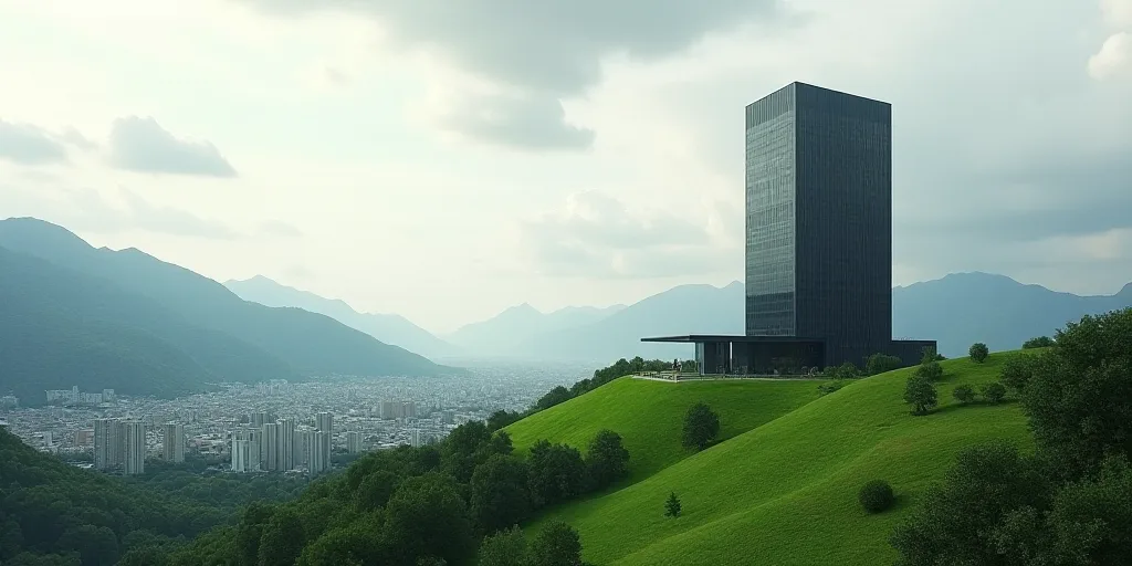 a tall building sitting on top of a lush green hillside next to a city under a cloudy sky with mount