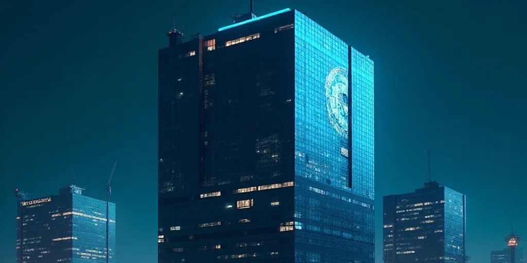 a tall building with a blue glass facade at night time with a clock on it's side and a sign on the s