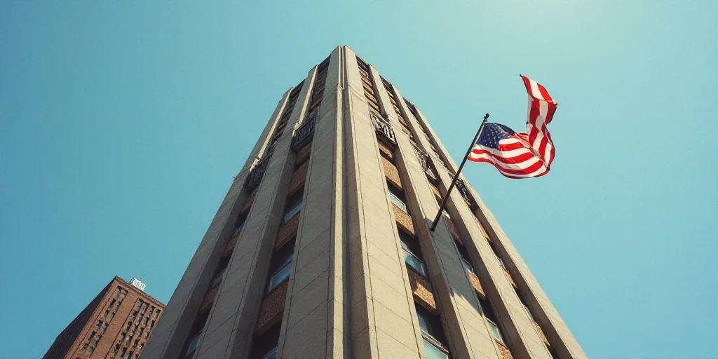 a tall building with a clock on the front of it and a flag on the side of it in front of a flagpole,
