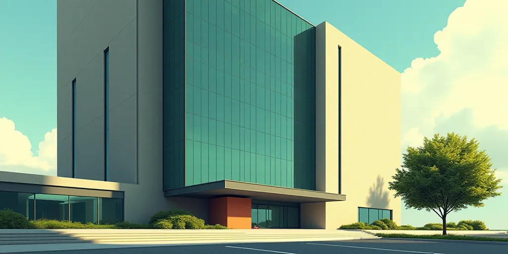 a tall building with a glass front and a clock on the front of it's face and a tree in front of it,