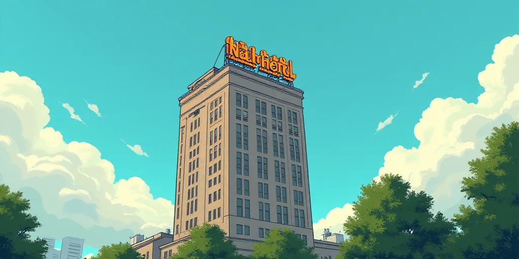 a tall building with a sign on top of it next to trees and a blue sky background with a few clouds,