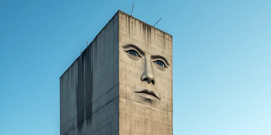 a tall building with a sign on the side of it's face in front of a blue sky, Andreas Gursky, grotesq