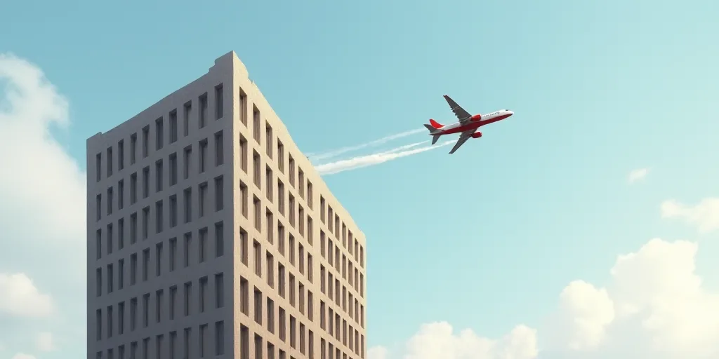 a tall building with a sky background and a plane flying by it's side in the air above it, Enguerran