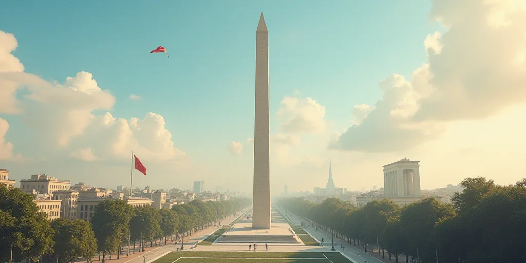 a tall obelisk in a city with a flag flying in the wind and a building in the background, Emiliano P