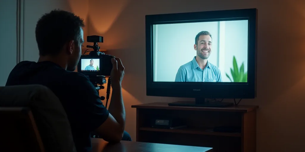 a television screen with a man on it and a camera behind it and a person sitting on a chair, Andries