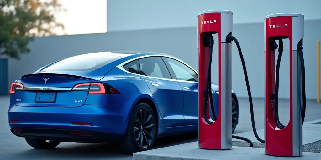 a tesla charging station with a blue tesla car in the background and a blue tesla car in the foregro