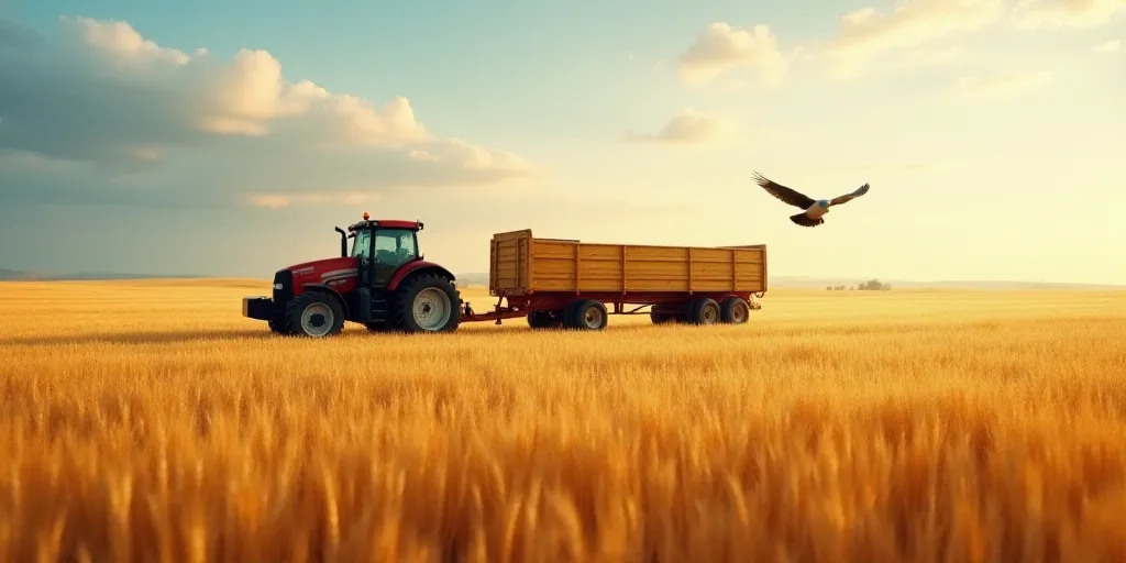 a tractor and a tractor trailer in a wheat field with a bird flying overhead in the background and a