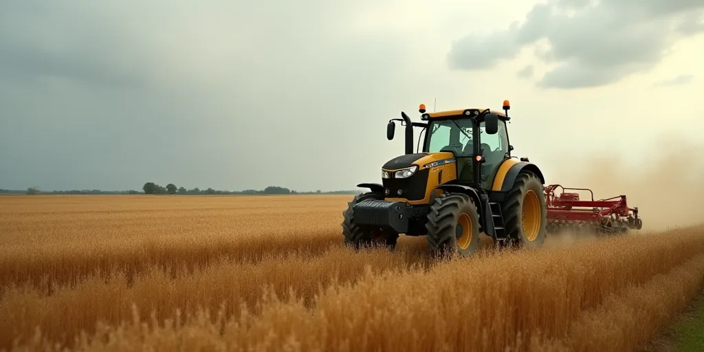 a tractor is driving through a field of tall grass with a plow in the background on a cloudy day, Ed