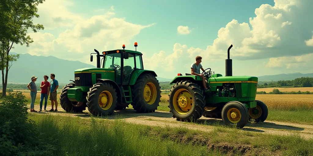 a tractor is parked on a stage with people standing on it and a tractor is behind it and a group of