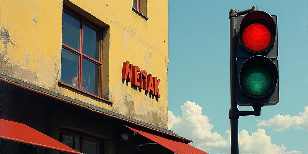 a traffic light and a sign on a building that says nemak on it's side and a traffic light in the bac