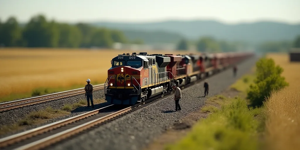 a train is being built on a track in the middle of a field with workers nearby and a construction cr