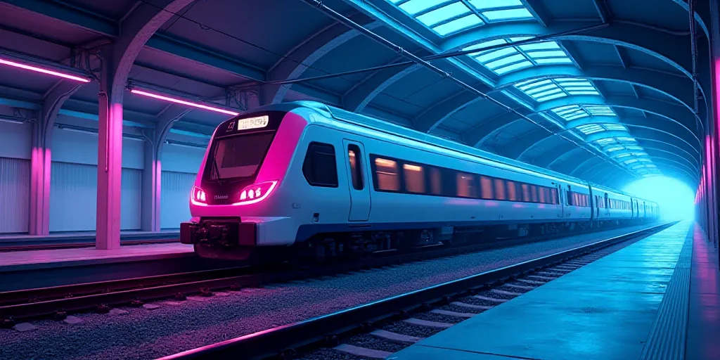 a train is parked in a train station with blue and purple lights on the ceiling and a train on the t