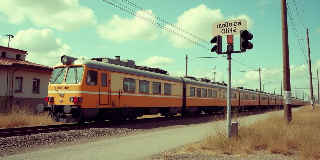 a train is parked on the tracks near a building and a traffic signal pole and a sign that says molot