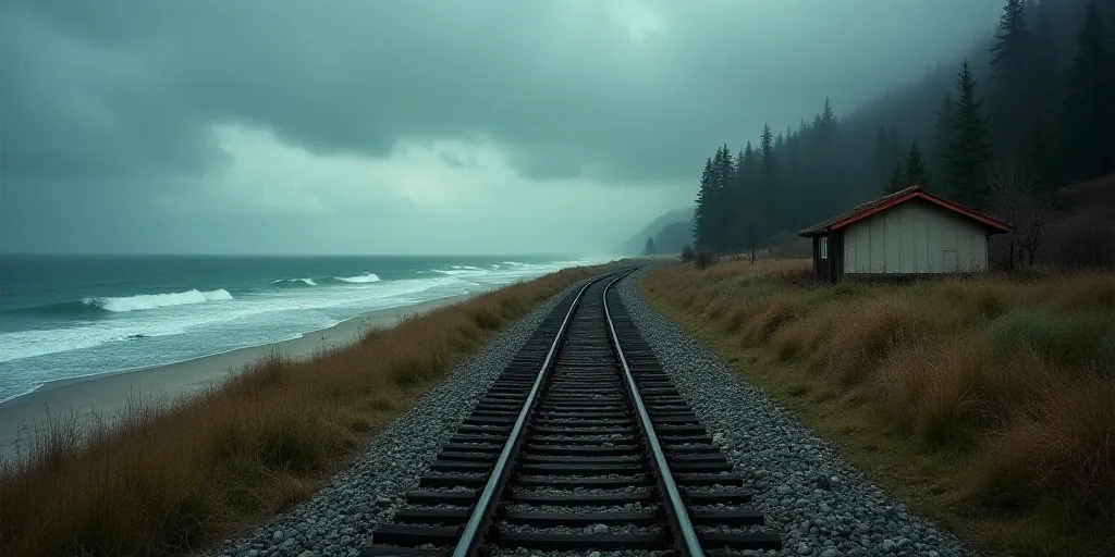 a train track running along the side of a beach next to a body of water with a small hut on the side
