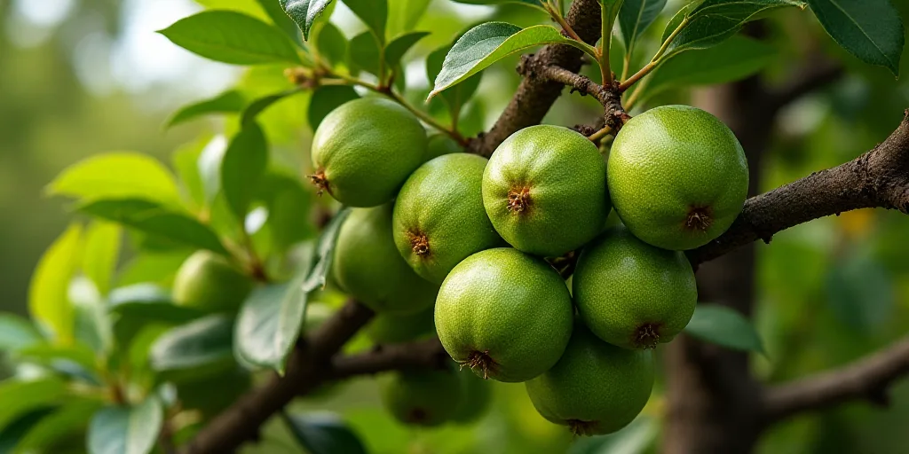 a tree filled with lots of green fruit on top of it's branches and leaves on a sunny day, Boetius Ad