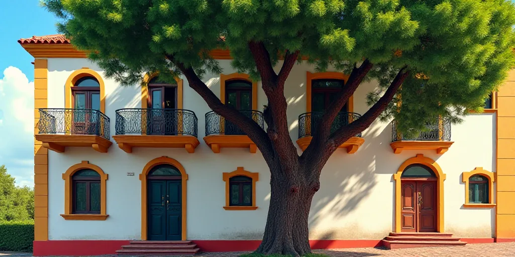 a tree is in front of a building with a balcony and balconies on the second floor of the building, C