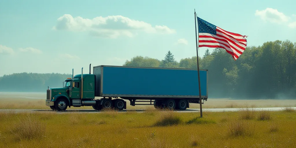 a truck driving past a blue sign in front of a field of grass and trees with a flag in the backgroun