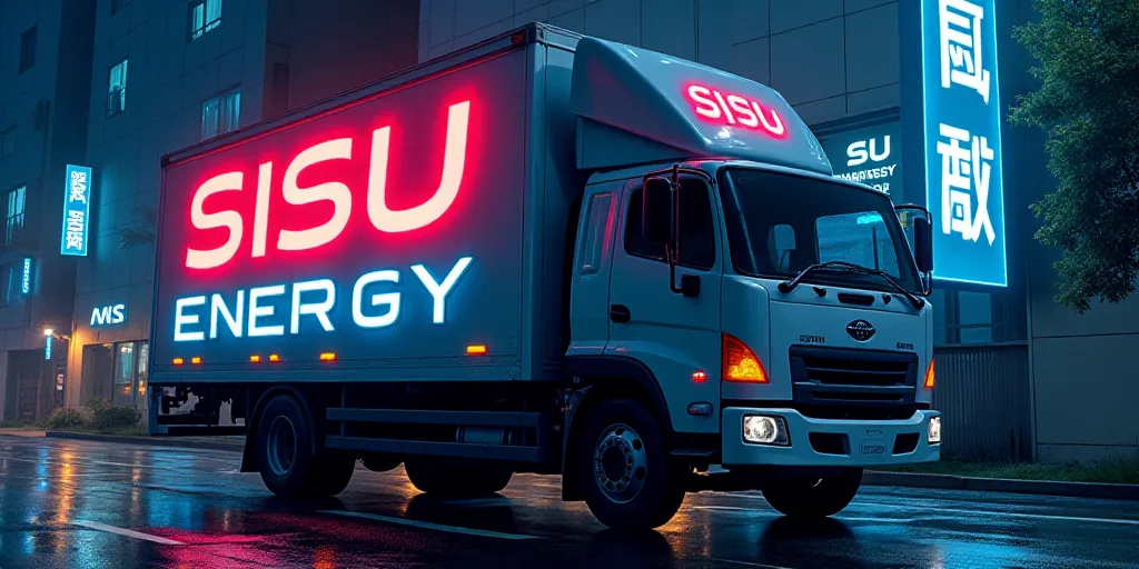 a truck is parked in front of a building with a sign on it that says sisu energy on it, Ai-Mitsu, ne