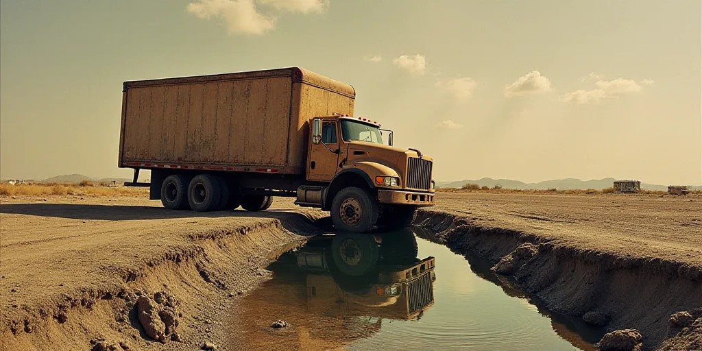 a truck that has crashed into a road and is in the middle of a sink with a car in it, David Alfaro S