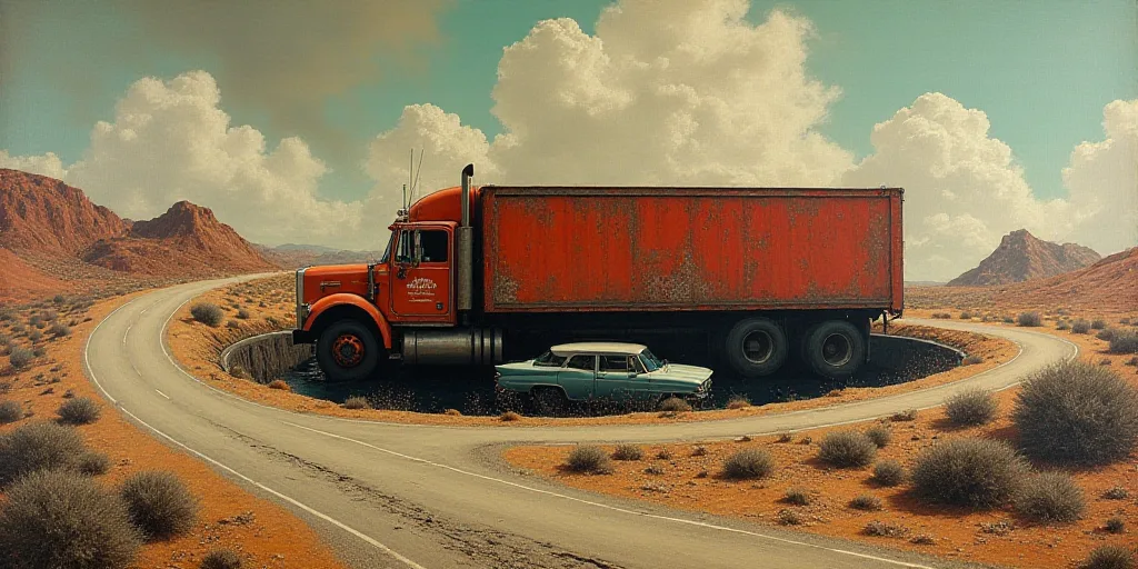 a truck that has crashed into a road and is in the middle of a sink with a car in it, David Alfaro S