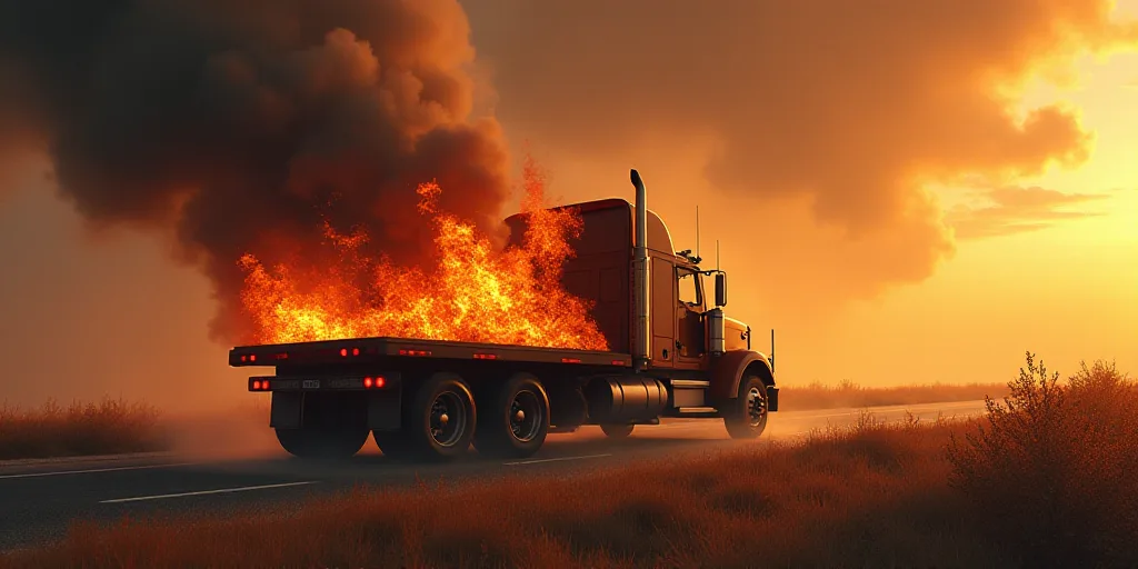 a truck with a trailer filled with fire on the side of a road with smoke coming out of the back, Elb