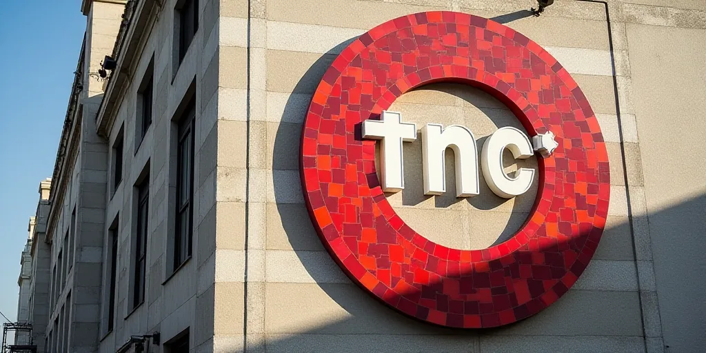 a tsnc sign on the side of a building with a red and white checkered design on it, Charles Thomson,