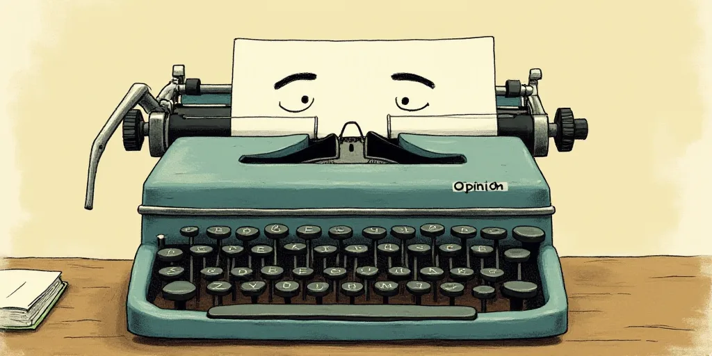 a typewriter with a face drawn on it and a caption for the words opinion and a question, Edward Otho