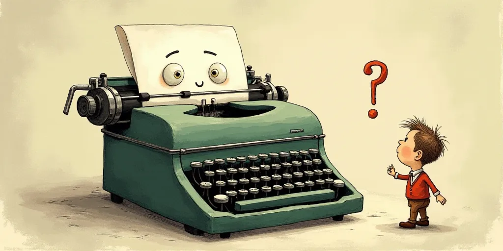 a typewriter with a face drawn on it and a caption for the words opinion and a question, Edward Otho