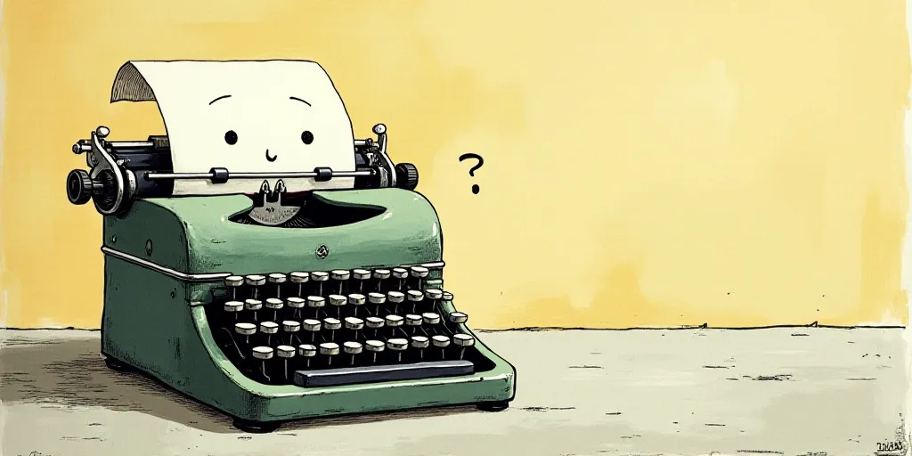 a typewriter with a face drawn on it and a caption for the words opinion and a question, Edward Otho