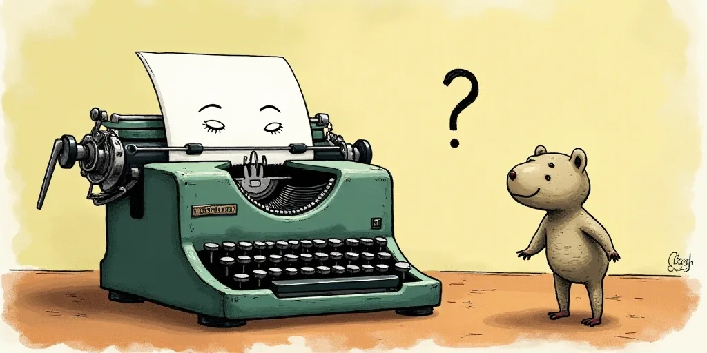 a typewriter with a face drawn on it and a caption for the words opinion and a question, Edward Otho