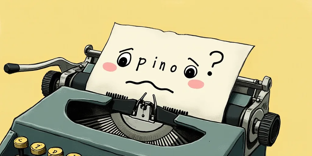 a typewriter with a face drawn on it and a caption for the words opinion and a question, Edward Otho