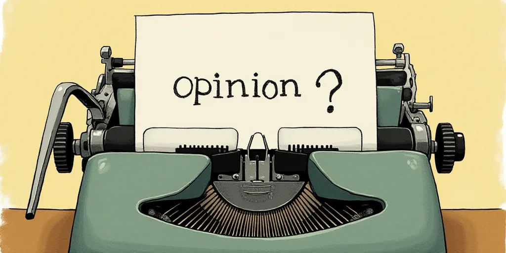 a typewriter with a face drawn on it and a caption for the words opinion and a question, Edward Otho