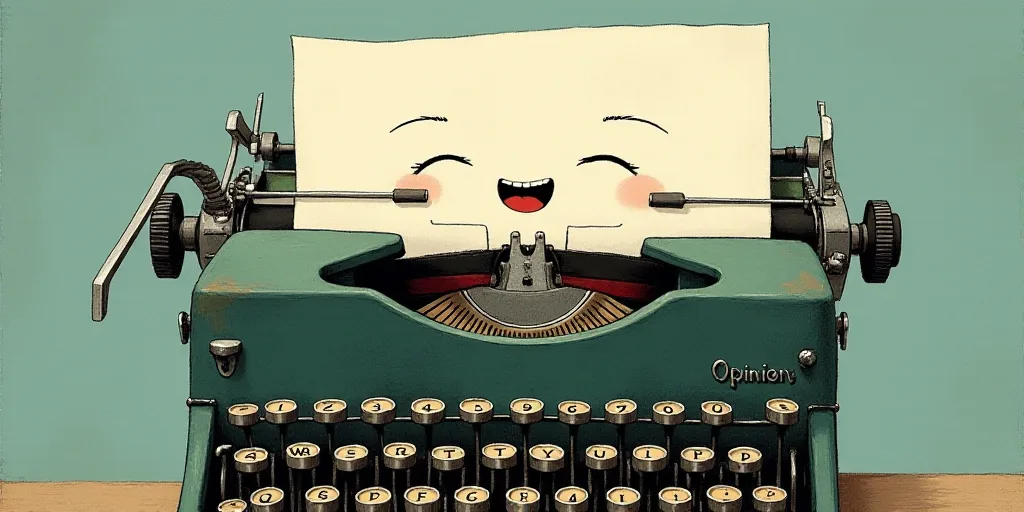 a typewriter with a face drawn on it and a caption for the words opinion and a question, Edward Otho
