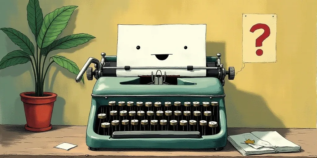 a typewriter with a face drawn on it and a caption for the words opinion and a question, Edward Otho