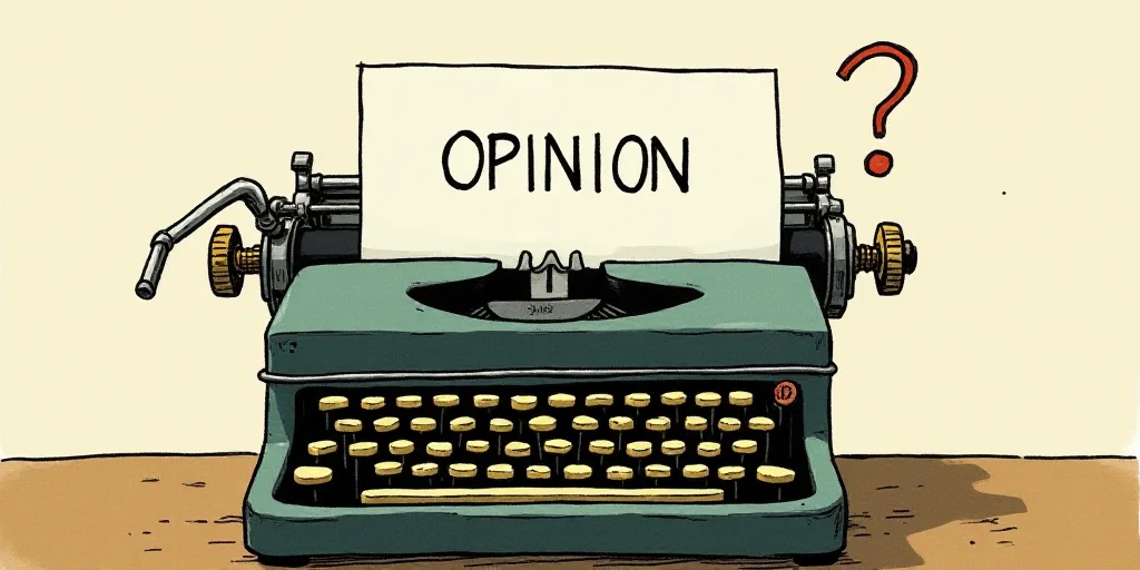 a typewriter with a face drawn on it and a caption for the words opinion and a question, Edward Otho