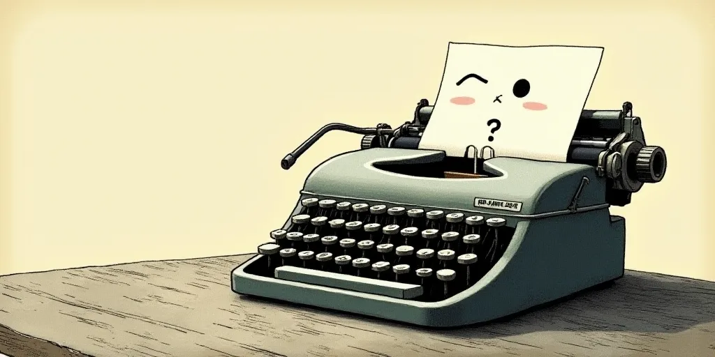 a typewriter with a face drawn on it and a caption for the words opinion and a question, Edward Otho