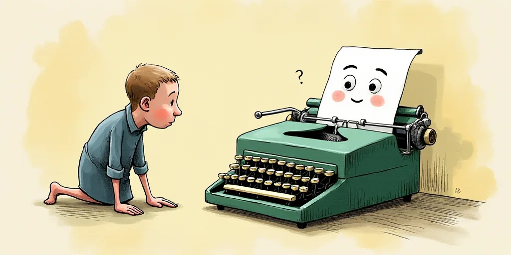 a typewriter with a face drawn on it and a caption for the words opinion and a question, Edward Otho