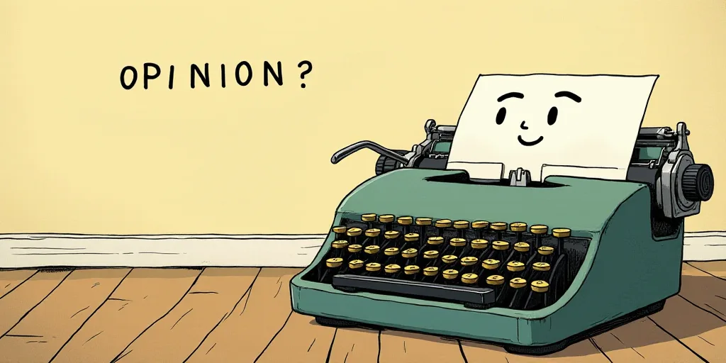 a typewriter with a face drawn on it and a caption for the words opinion and a question, Edward Otho