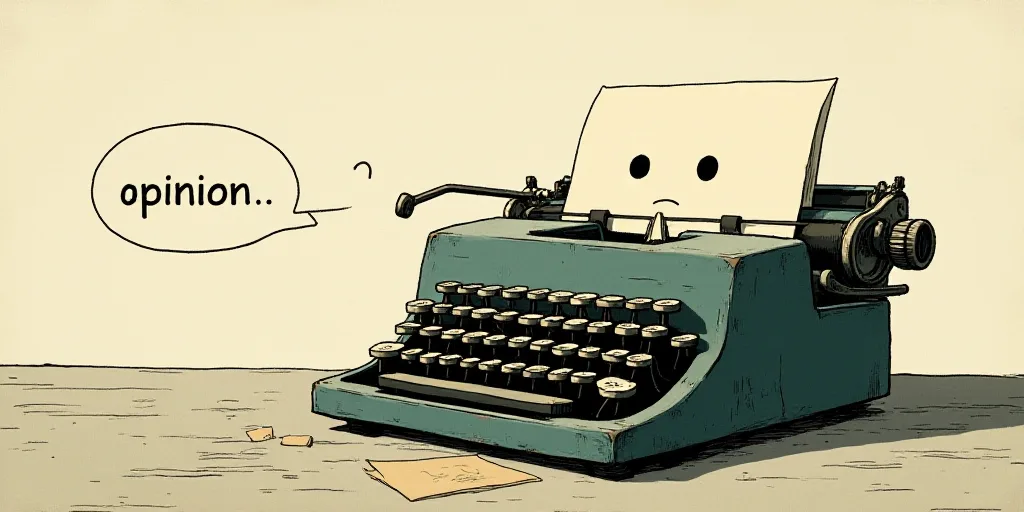 a typewriter with a face drawn on it and a caption for the words opinion and a question, Edward Otho