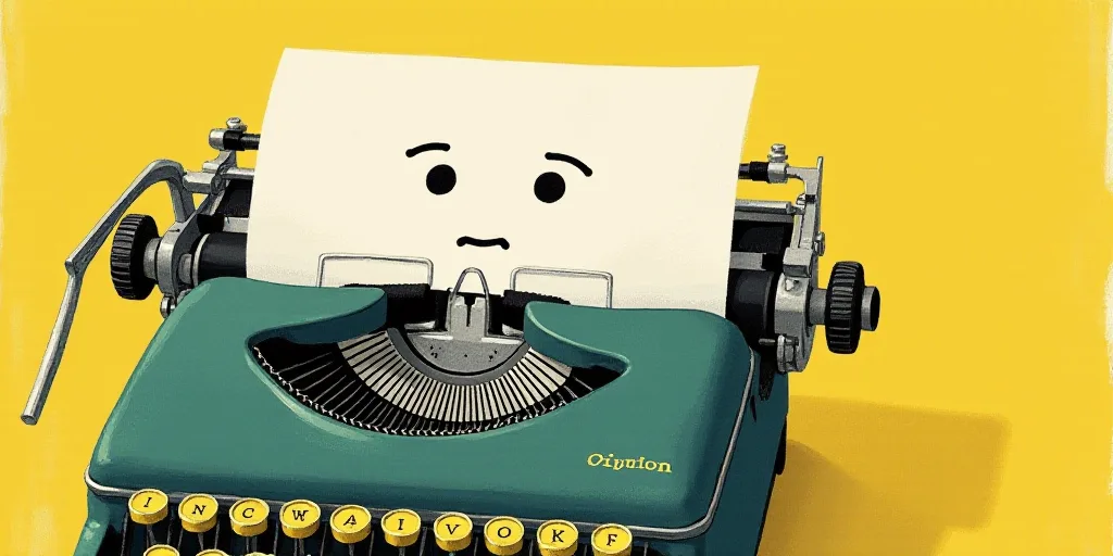 a typewriter with a face drawn on it and a caption for the words opinion and a question, Edward Otho