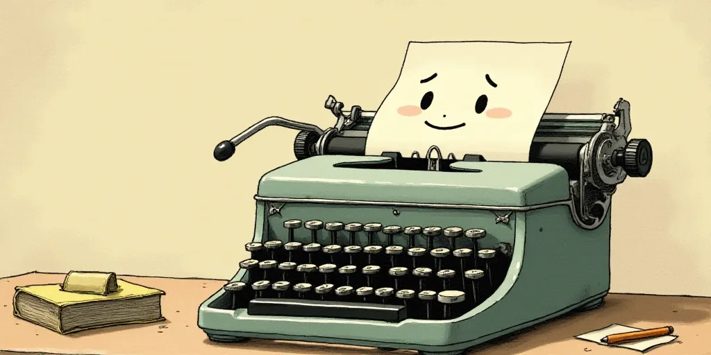 a typewriter with a face drawn on it and a caption for the words opinion and a question, Edward Otho