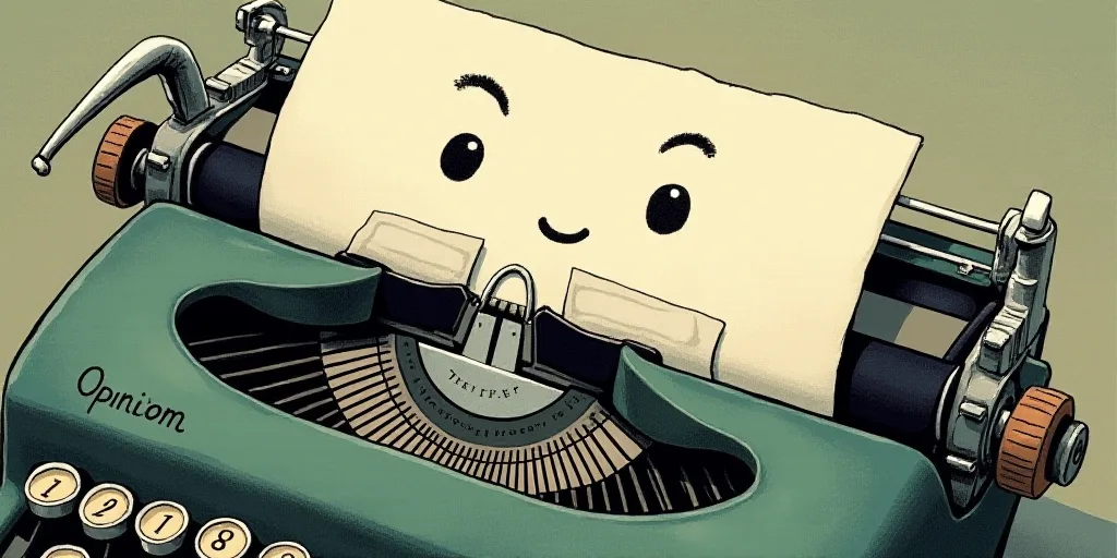 a typewriter with a face drawn on it and a caption for the words opinion and a question, Edward Otho
