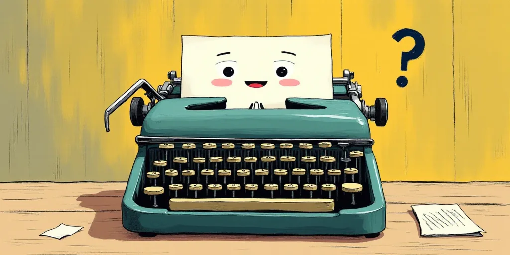 a typewriter with a face drawn on it and a caption for the words opinion and a question, Edward Otho