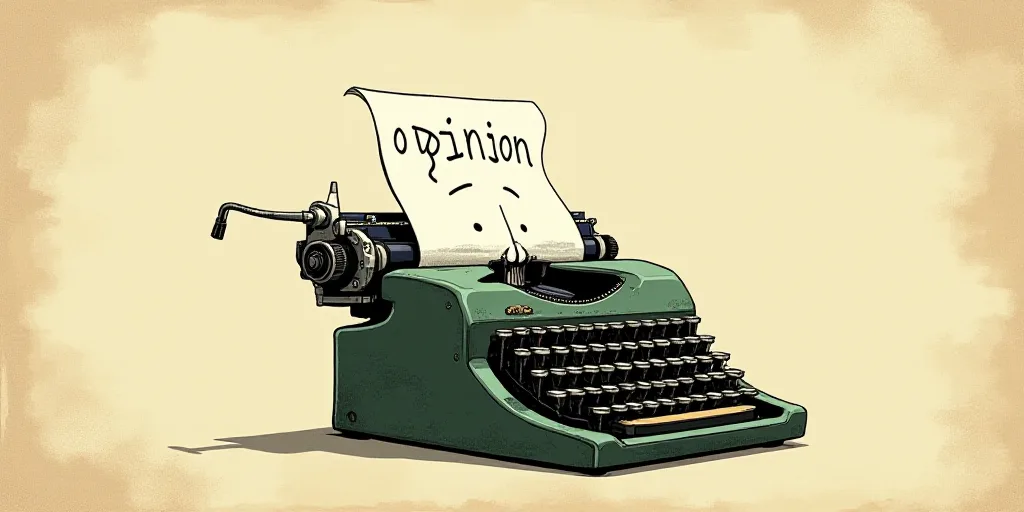 a typewriter with a face drawn on it and a caption for the words opinion and a question, Edward Otho