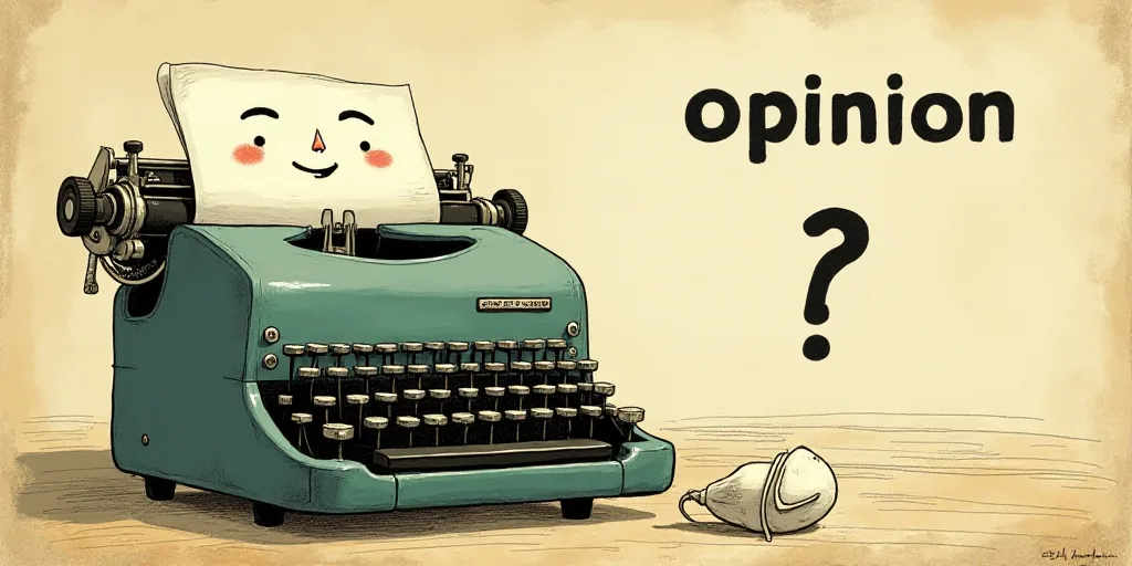a typewriter with a face drawn on it and a caption for the words opinion and a question, Edward Otho