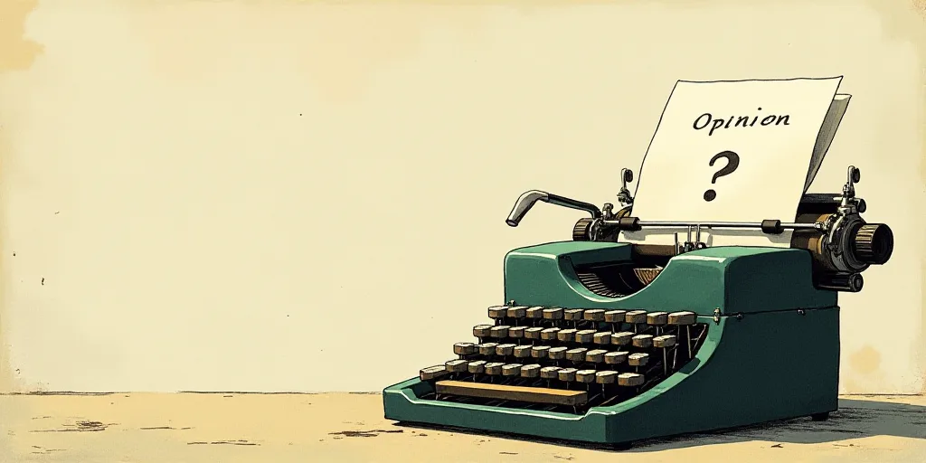 a typewriter with a face drawn on it and a caption for the words opinion and a question, Edward Otho