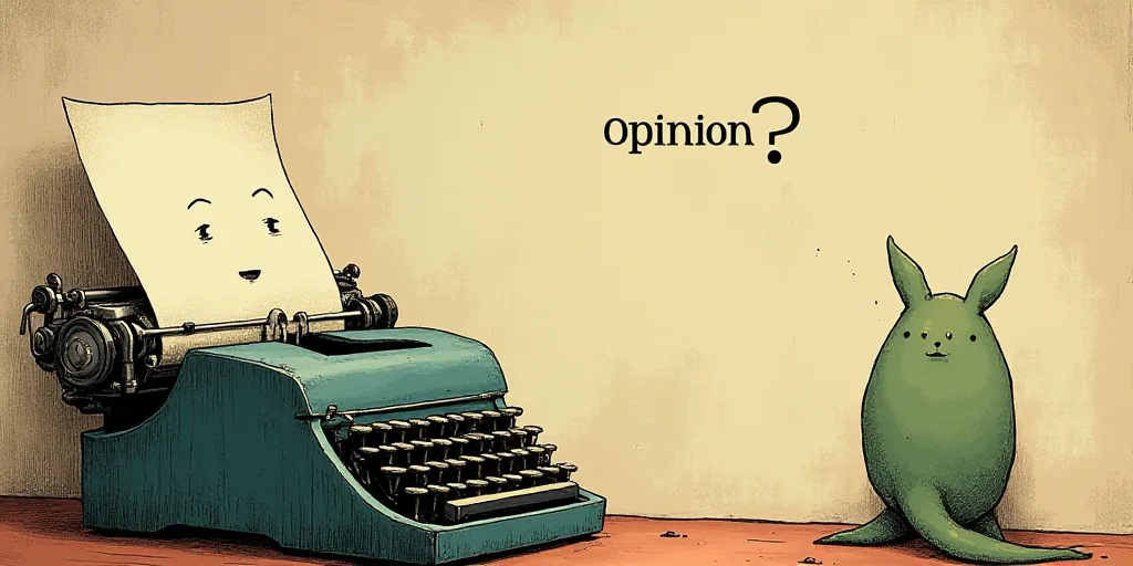 a typewriter with a face drawn on it and a caption for the words opinion and a question, Edward Otho