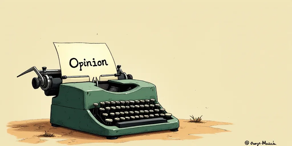 a typewriter with a face drawn on it and a caption for the words opinion and a question, Edward Otho