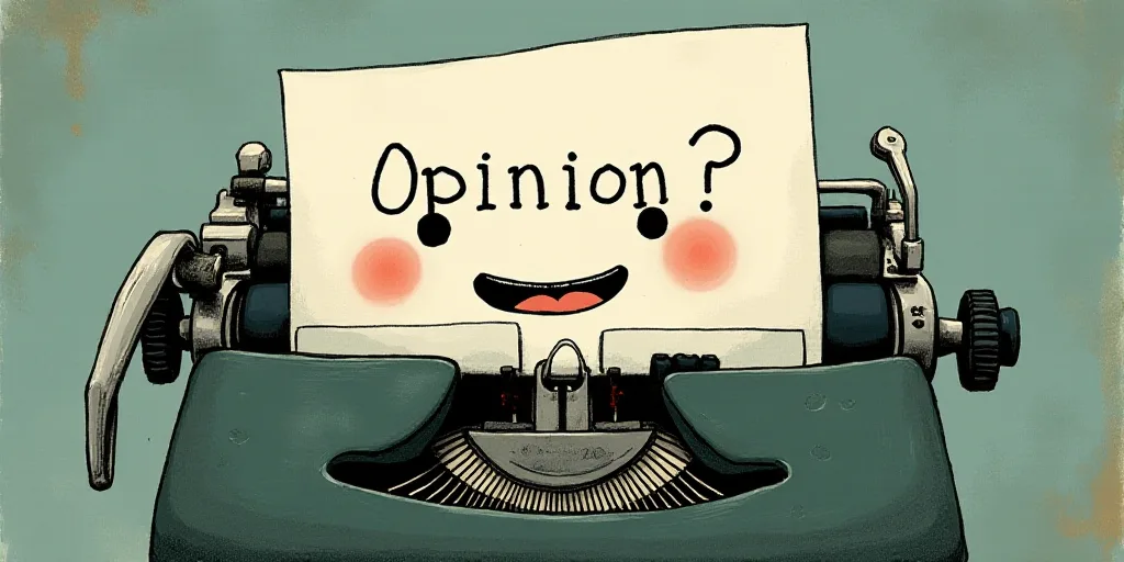 a typewriter with a face drawn on it and a caption for the words opinion and a question, Edward Otho
